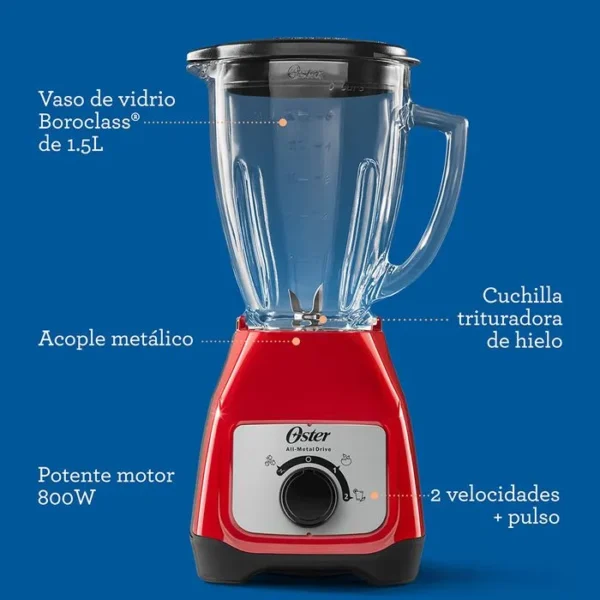 licuadora oster roja 800w vaso de vidrio 1.5l blstkag rrd